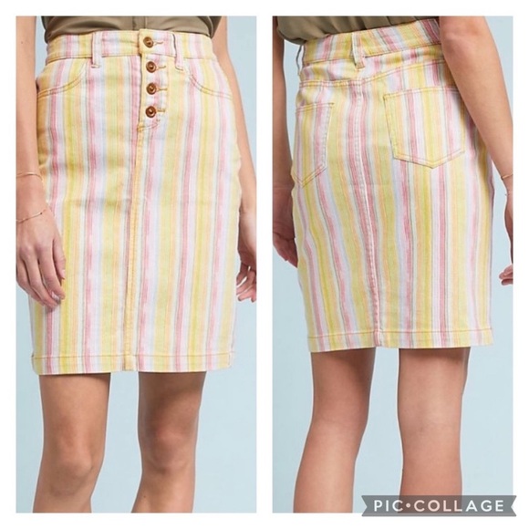 Maeve Anthropologie Rainbow Denim Pencil Skirt Striped Button Fly Candystripe 4 - Picture 1 of 10
